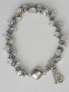 Aurora Borealis Crystal Rhinestone Silver Tone Textured Beads Cat Charm Bracelet